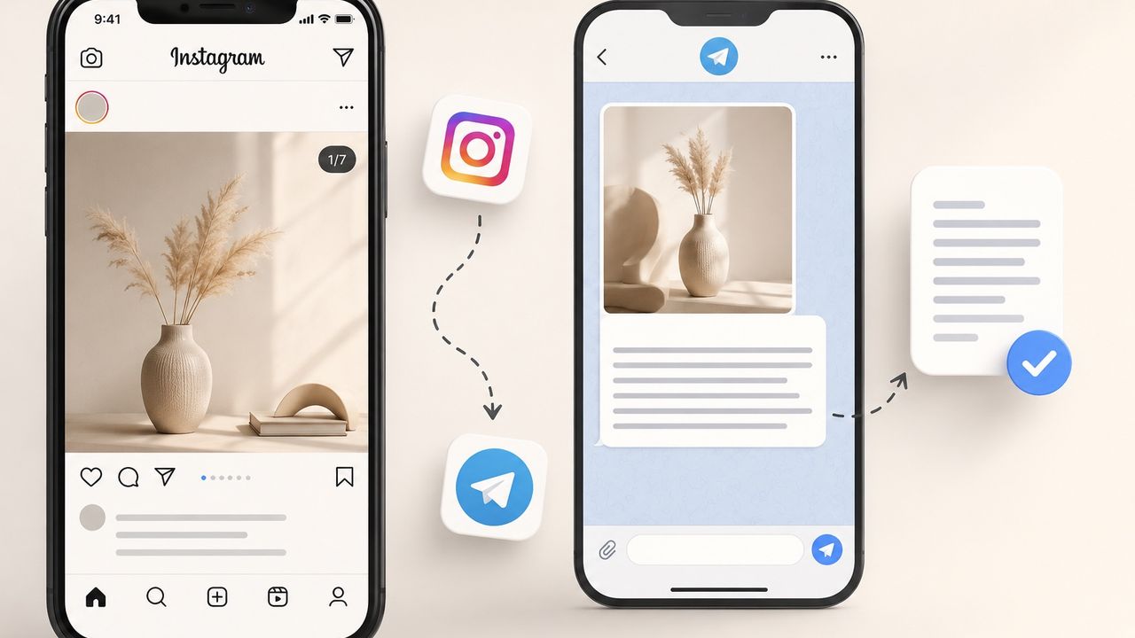 A phone showing an Instagram post next to a phone where a Telegram chat returns the text of every slide