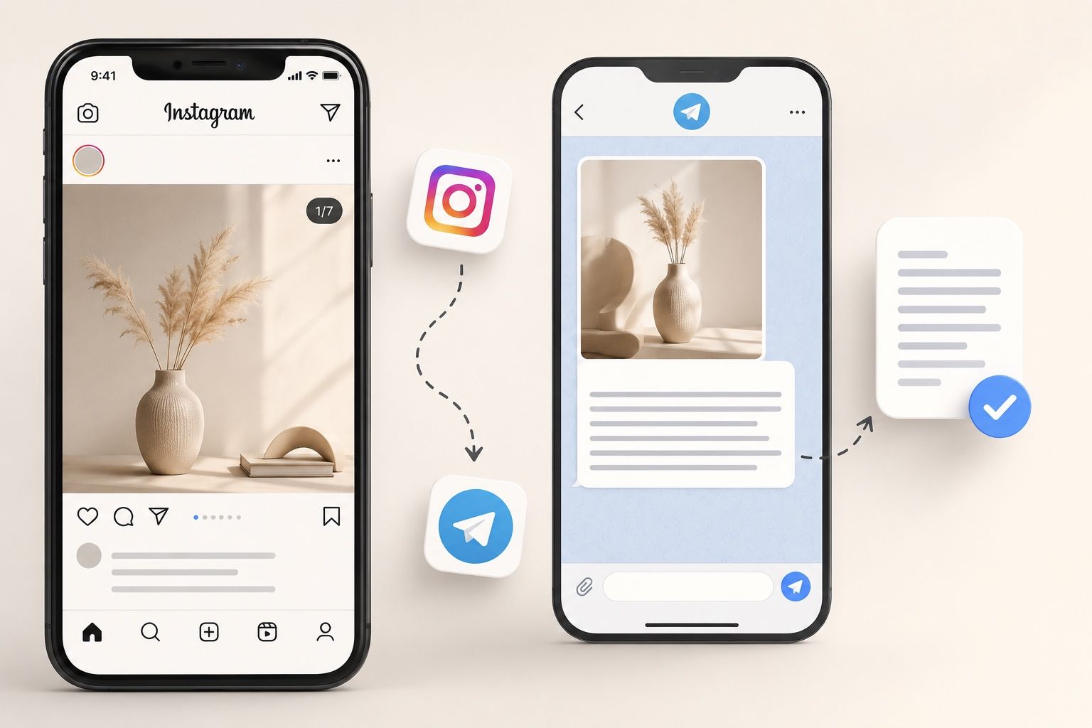 Instagram post with text inside the images next to a Telegram chat with extracted text