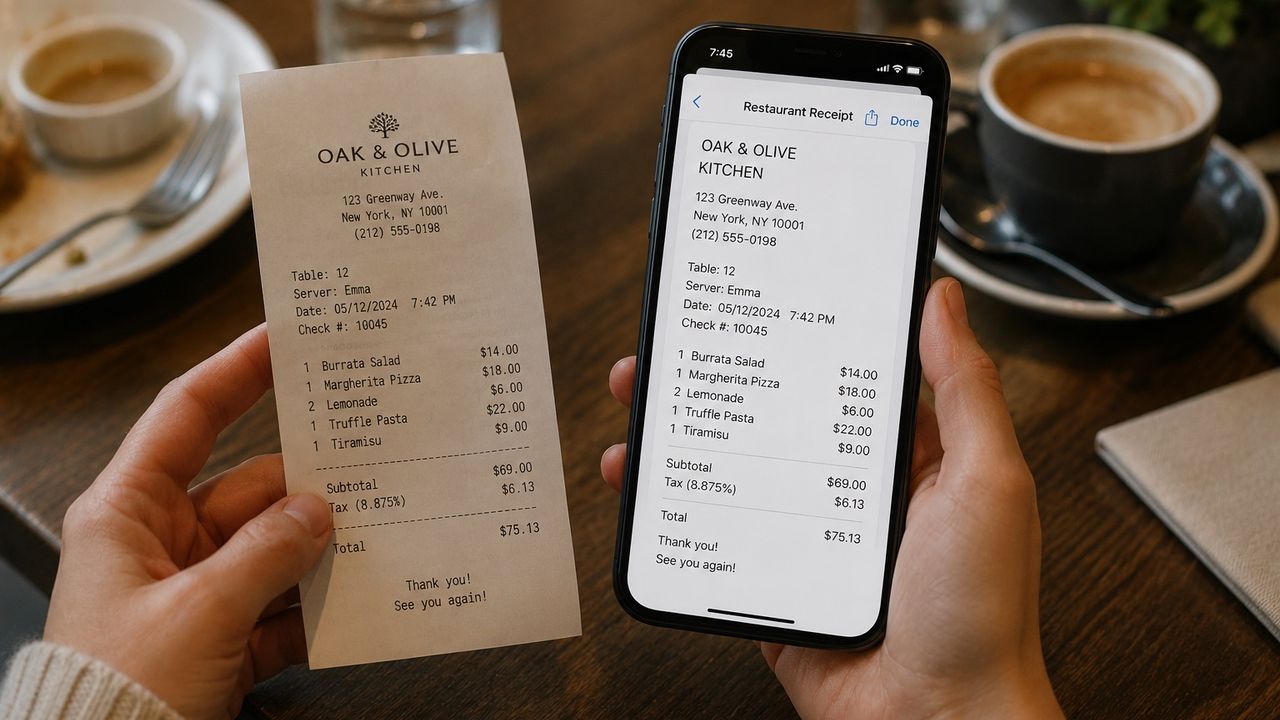 A paper invoice beside a phone displaying the extracted text from that invoice