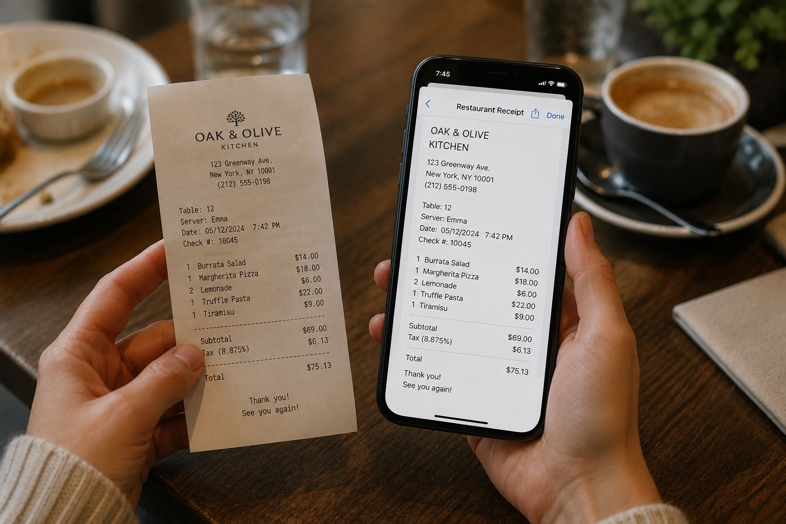 A paper invoice next to a phone showing text extracted from the document