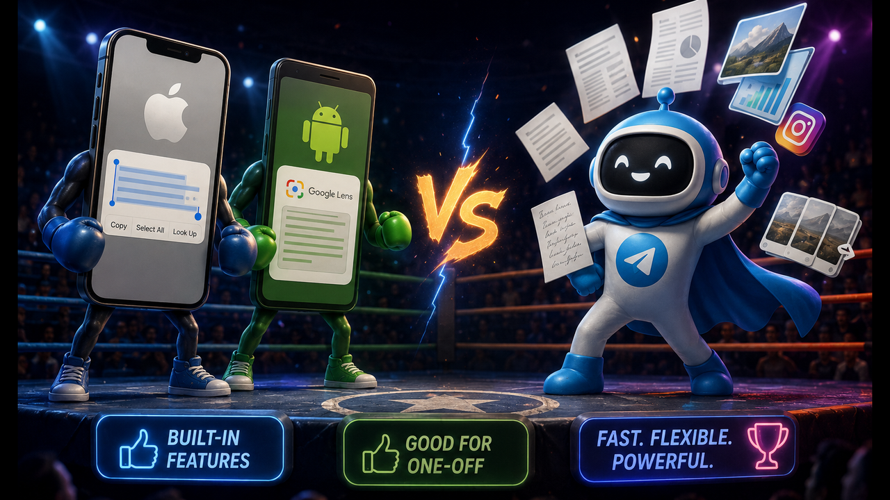 An iPhone and an Android phone side by side, each showing text being selected on a photo