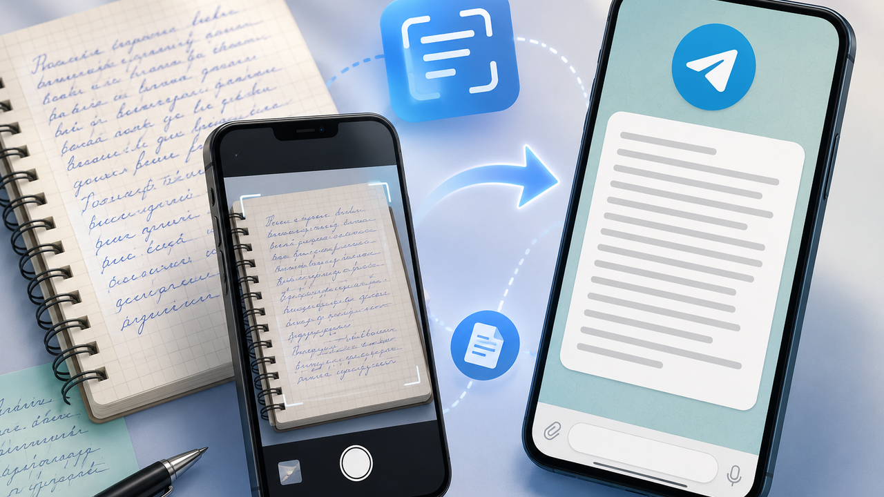 A handwritten notebook page next to a phone showing the same text converted into editable form