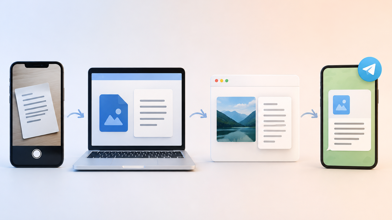 A phone, a laptop and a Telegram chat side by side, each turning the same photographed page into text