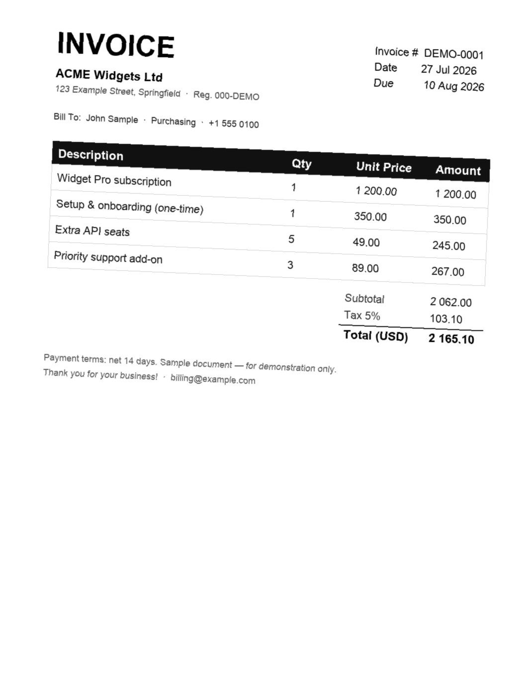 Synthetic demonstration invoice with four line items, subtotal, tax and final amount, photographed at a slight angle